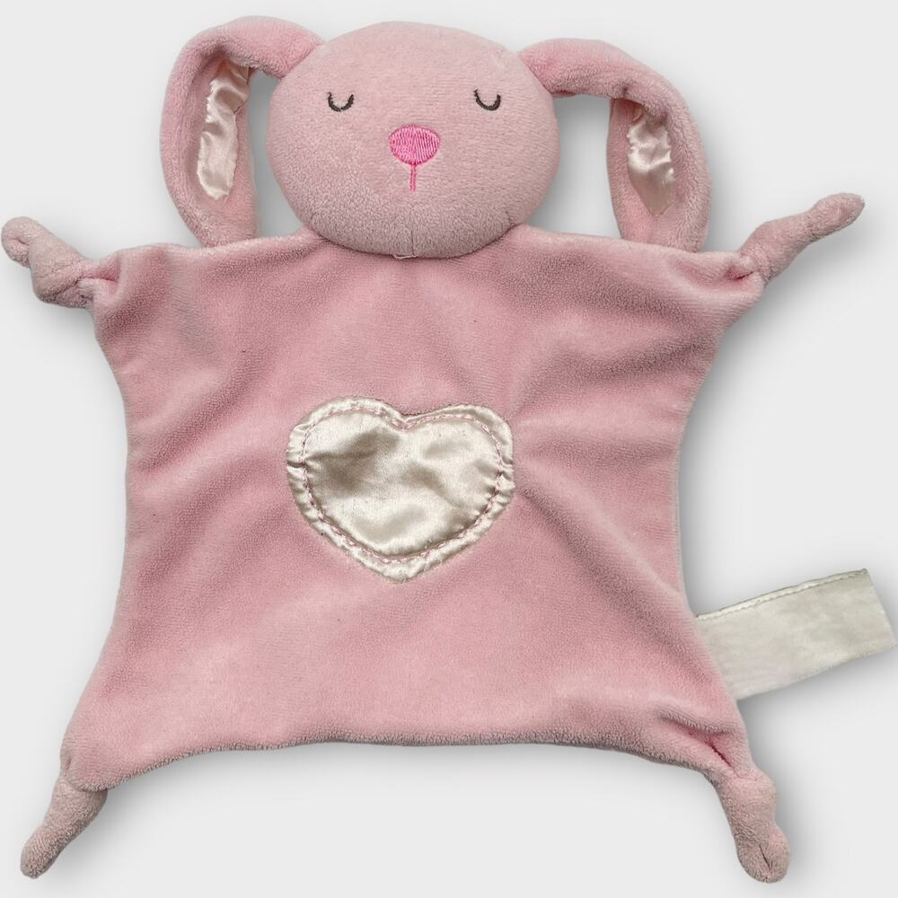Stepping Stones Pink Bunny Baby Blanket Satin Heart Knotted Corner Lovey 10.5"